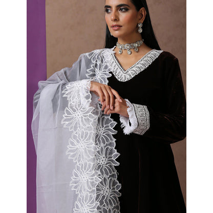 WAZIR C Brown And White Kurta with Flared Pant & Dupatta (Set of 3)