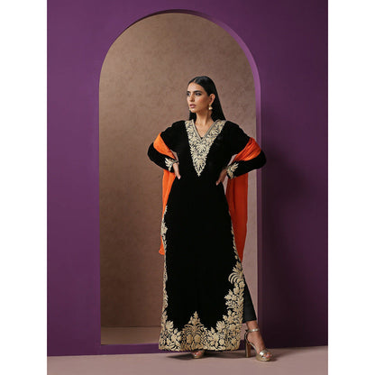 WAZIR C Black And Orange Kurta with Pant & Dupatta (Set of 3)