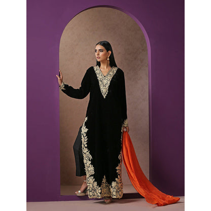 WAZIR C Black And Orange Kurta with Pant & Dupatta (Set of 3)