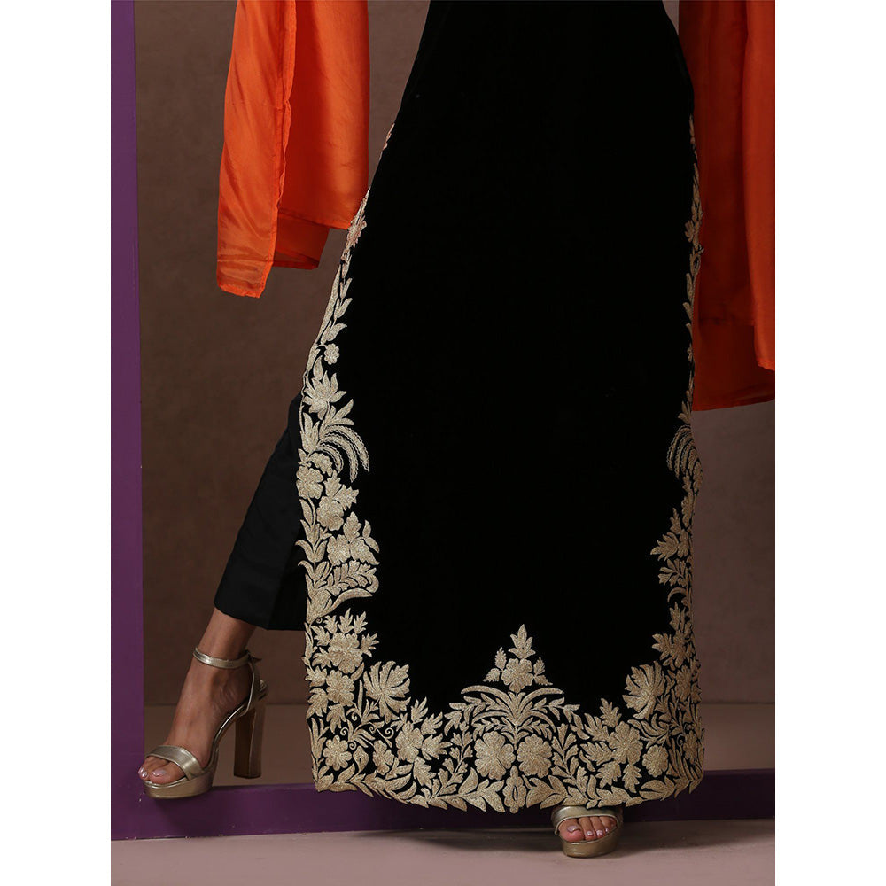 WAZIR C Black And Orange Kurta with Pant & Dupatta (Set of 3)