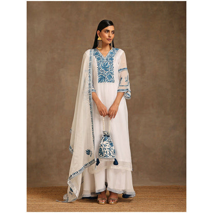 WAZIR C Embroidered White Kurta Pant & Dupatta (Set of 3)