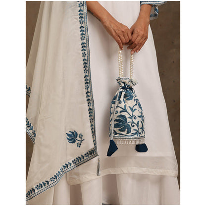 WAZIR C Embroidered White Kurta Pant & Dupatta (Set of 3)