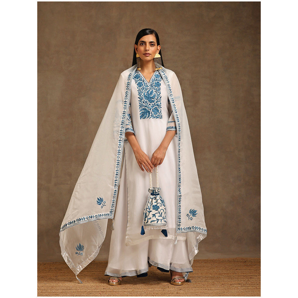 WAZIR C Embroidered White Kurta Pant & Dupatta (Set of 3)