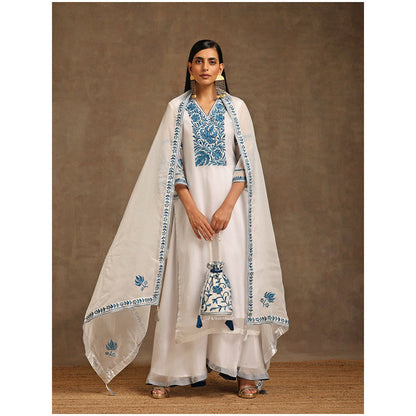 WAZIR C Embroidered White Kurta Pant & Dupatta (Set of 3)