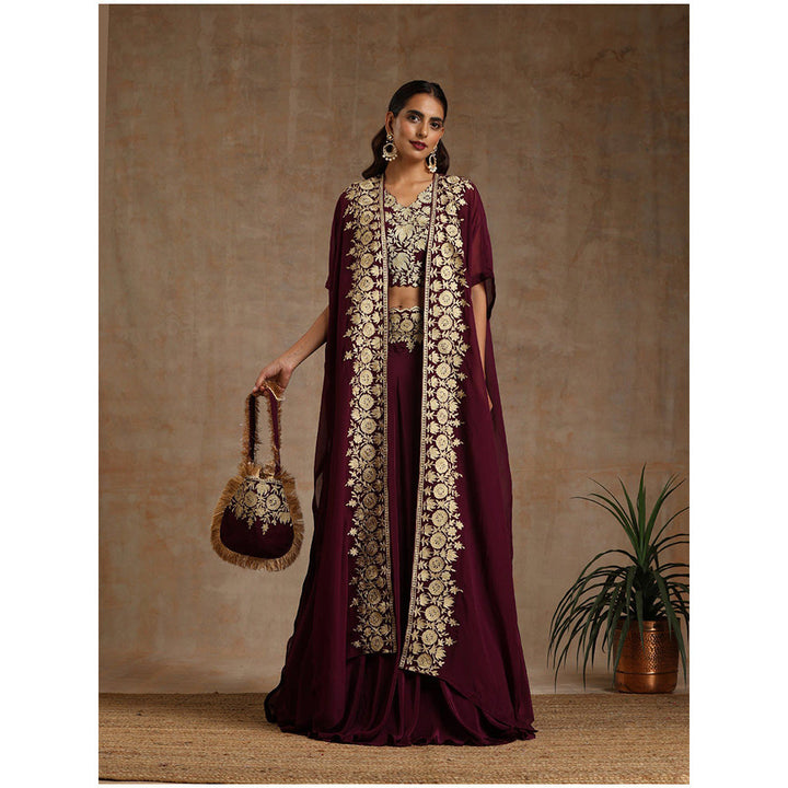WAZIR C Wine Colored Lehenga with A Organza Cape And Crop Top (Set of 3)