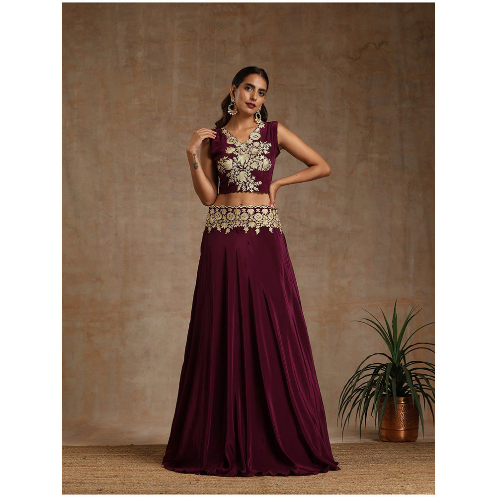 WAZIR C Wine Colored Lehenga with A Organza Cape And Crop Top (Set of 3)
