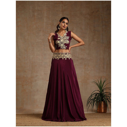 WAZIR C Wine Colored Lehenga with A Organza Cape And Crop Top (Set of 3)