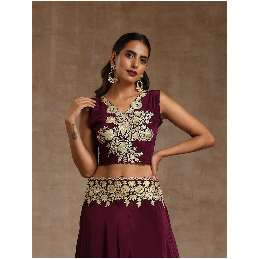 WAZIR C Wine Colored Lehenga with A Organza Cape And Crop Top (Set of 3)