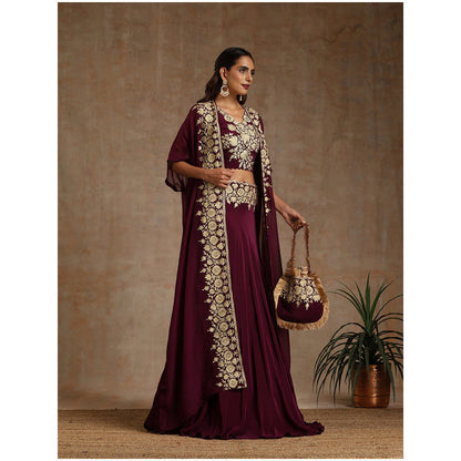 WAZIR C Wine Colored Lehenga with A Organza Cape And Crop Top (Set of 3)