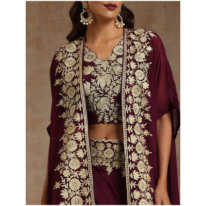 WAZIR C Wine Colored Lehenga with A Organza Cape And Crop Top (Set of 3)
