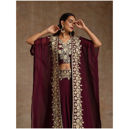 WAZIR C Wine Colored Lehenga with A Organza Cape And Crop Top (Set of 3)