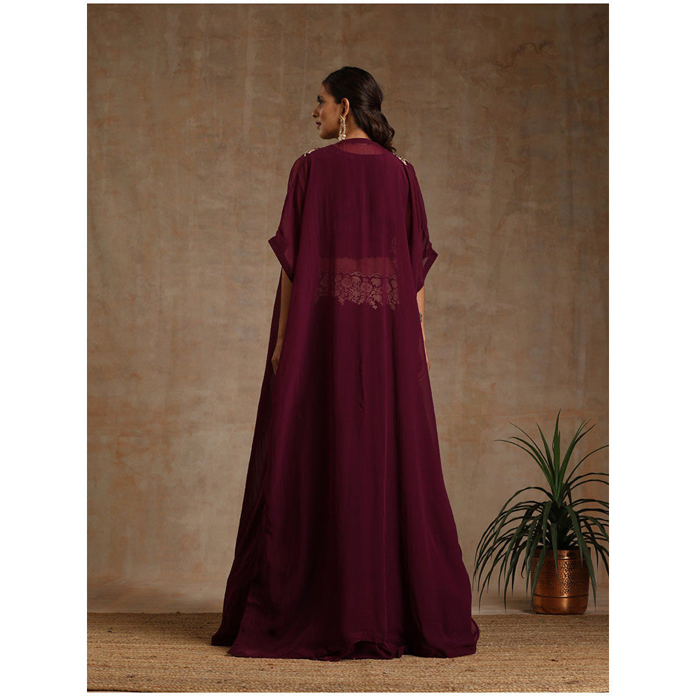 WAZIR C Wine Colored Lehenga with A Organza Cape And Crop Top (Set of 3)