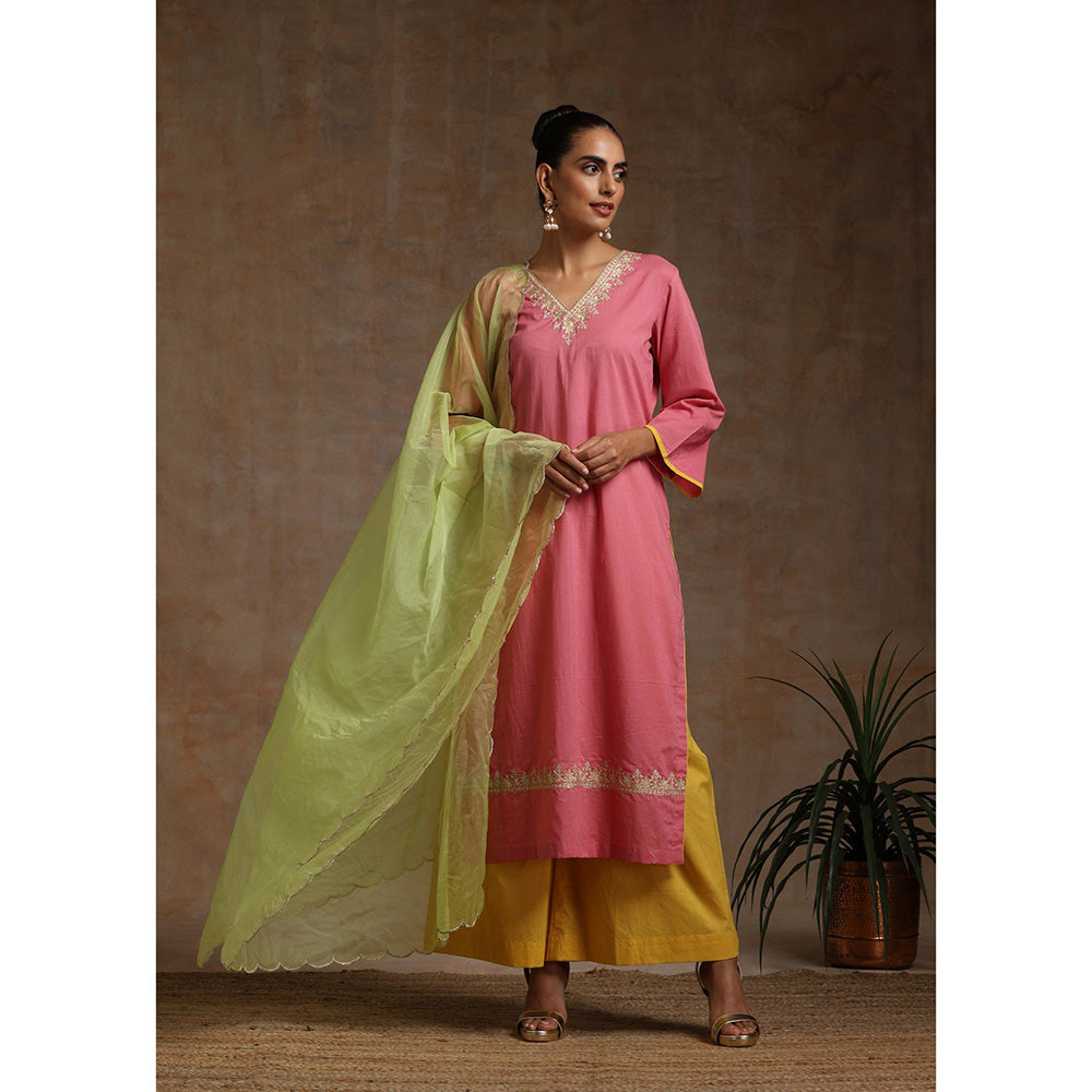 WAZIR C Pink Olive And Yellow Kurta Pant & Dupatta (Set of 3)