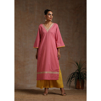 WAZIR C Pink Olive And Yellow Kurta Pant & Dupatta (Set of 3)