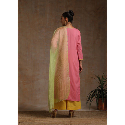 WAZIR C Pink Olive And Yellow Kurta Pant & Dupatta (Set of 3)