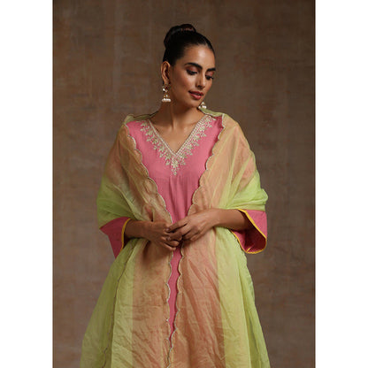 WAZIR C Pink Olive And Yellow Kurta Pant & Dupatta (Set of 3)