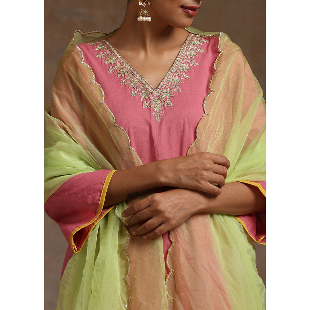 WAZIR C Pink Olive And Yellow Kurta Pant & Dupatta (Set of 3)