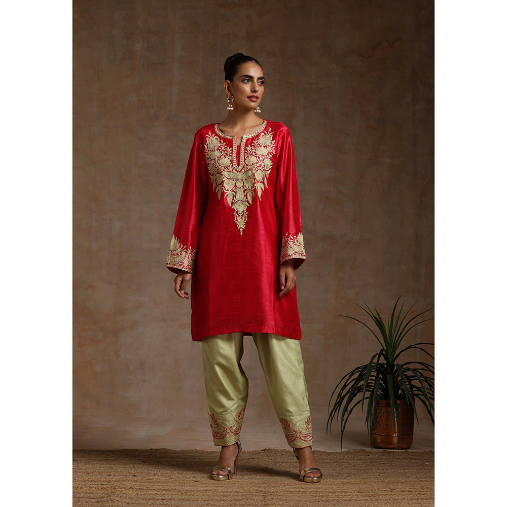 WAZIR C Red , Olive And Green Kurta Pant & Dupatta (Set of 3)