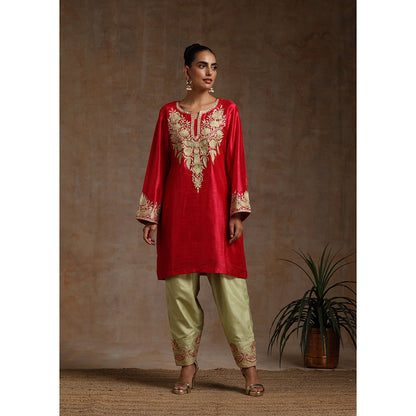 WAZIR C Red , Olive And Green Kurta Pant & Dupatta (Set of 3)