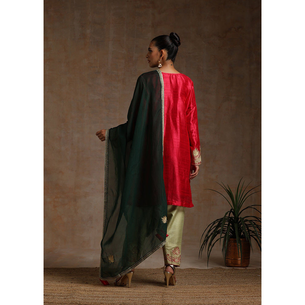 WAZIR C Red , Olive And Green Kurta Pant & Dupatta (Set of 3)