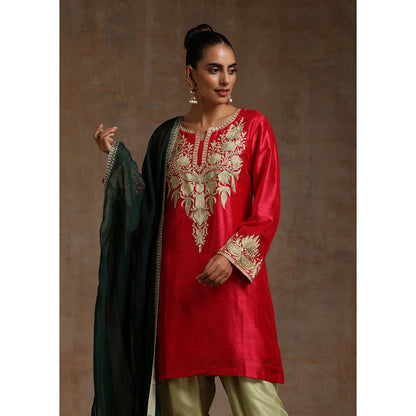 WAZIR C Red , Olive And Green Kurta Pant & Dupatta (Set of 3)