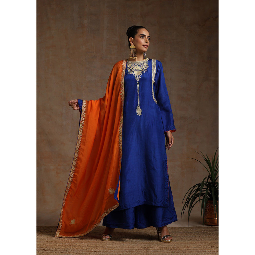 WAZIR C Blue And Orange Kurta Flared Palazzo with Dupatta (Set of 3)