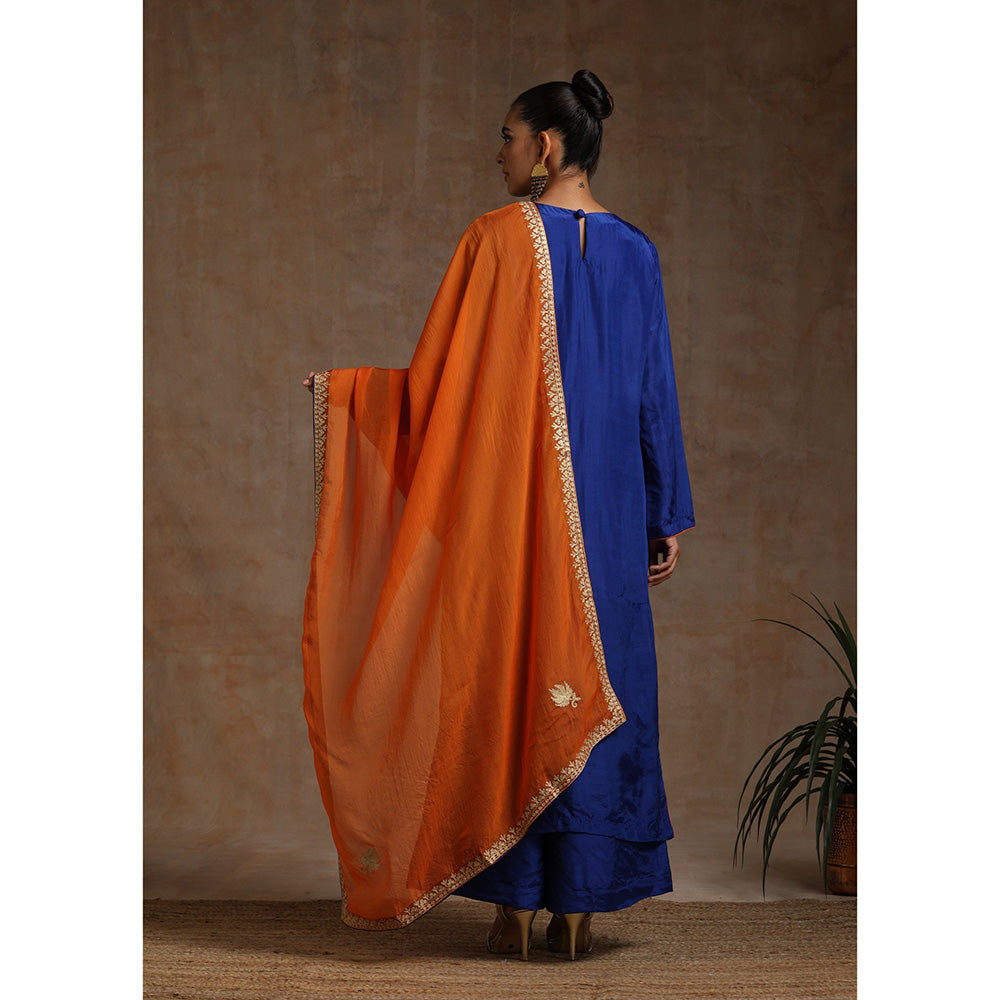 WAZIR C Blue And Orange Kurta Flared Palazzo with Dupatta (Set of 3)