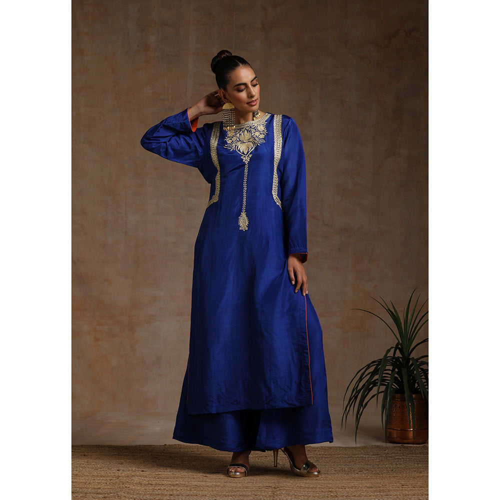 WAZIR C Blue And Orange Kurta Flared Palazzo with Dupatta (Set of 3)