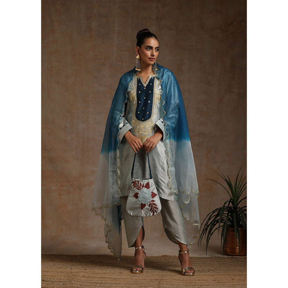 WAZIR C Grey And Teal Blue Kurta Pant & Dupatta (Set of 3)