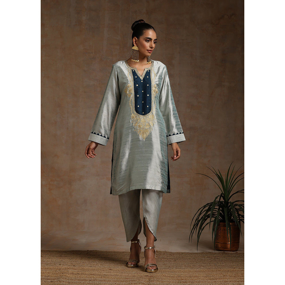 WAZIR C Grey And Teal Blue Kurta Pant & Dupatta (Set of 3)