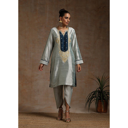 WAZIR C Grey And Teal Blue Kurta Pant & Dupatta (Set of 3)