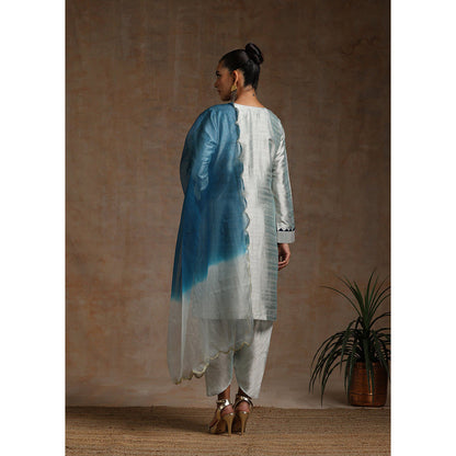 WAZIR C Grey And Teal Blue Kurta Pant & Dupatta (Set of 3)
