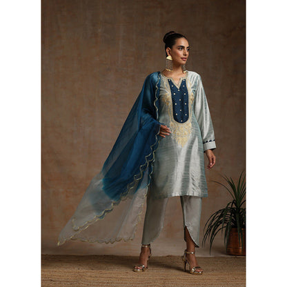 WAZIR C Grey And Teal Blue Kurta Pant & Dupatta (Set of 3)