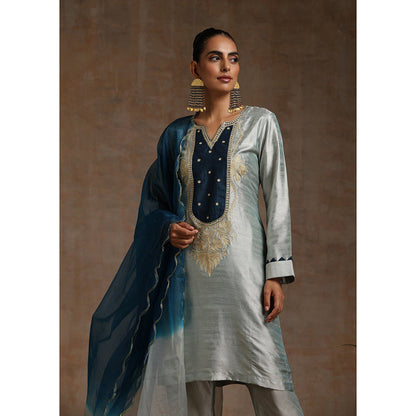 WAZIR C Grey And Teal Blue Kurta Pant & Dupatta (Set of 3)