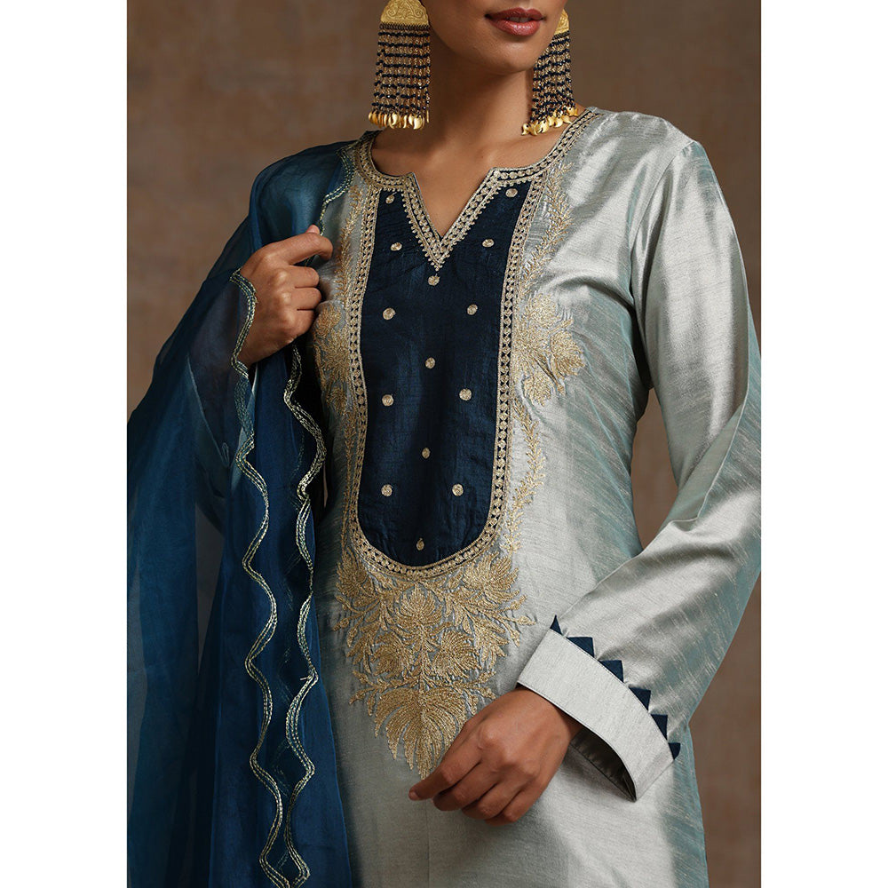 WAZIR C Grey And Teal Blue Kurta Pant & Dupatta (Set of 3)