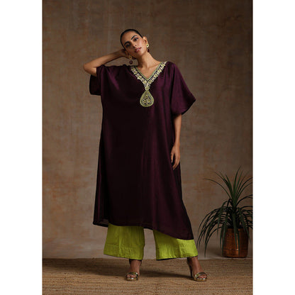 WAZIR C Neon And Wine Kaftaan with Flared Pant (Set of 2)