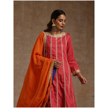 WAZIR C Pink Blue And Orange Kurta Pant with Dupatta (Set of 3)