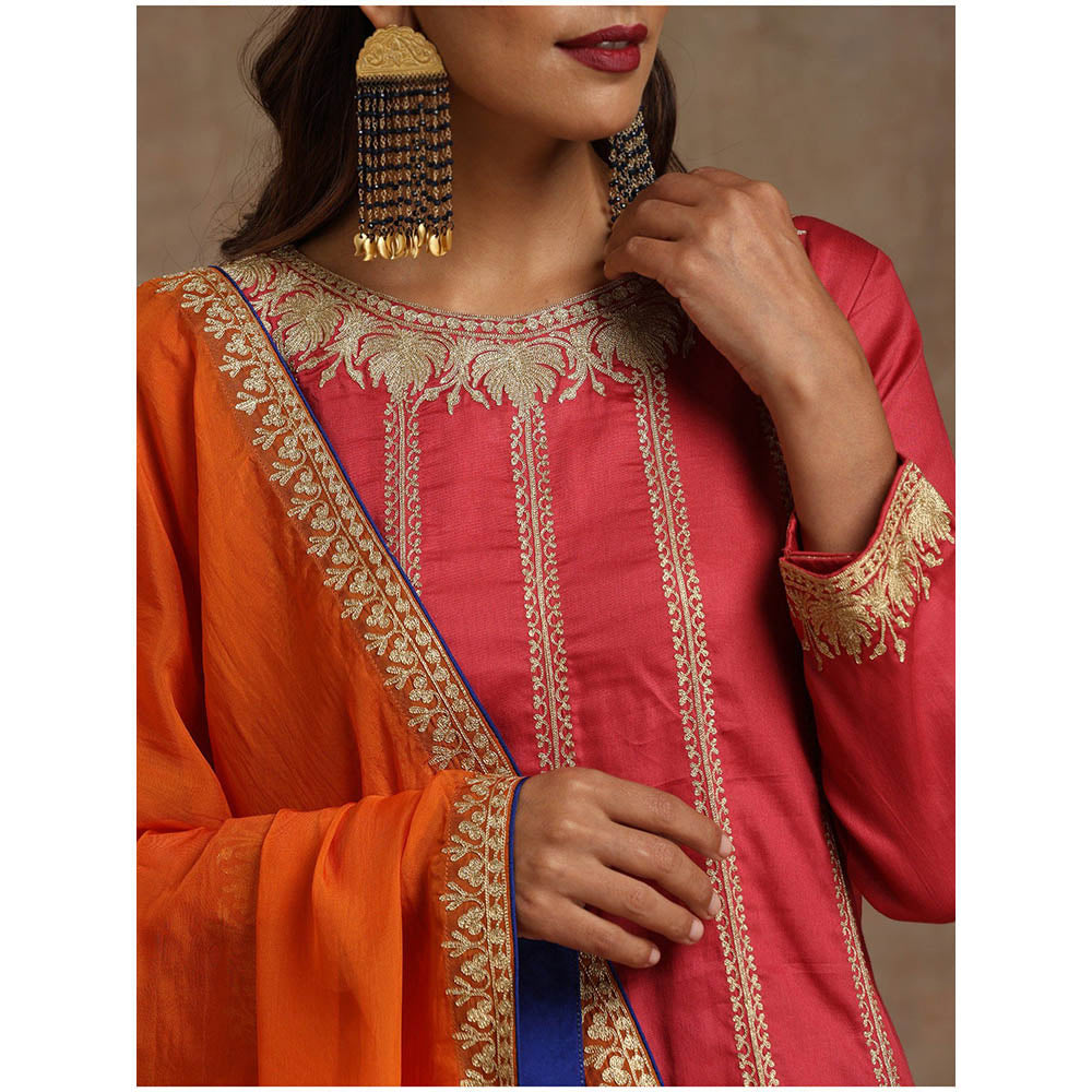 WAZIR C Pink Blue And Orange Kurta Pant with Dupatta (Set of 3)