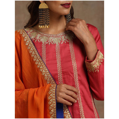 WAZIR C Pink Blue And Orange Kurta Pant with Dupatta (Set of 3)