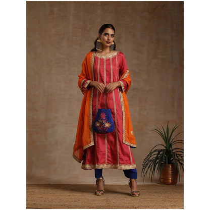 WAZIR C Pink Blue And Orange Kurta Pant with Dupatta (Set of 3)