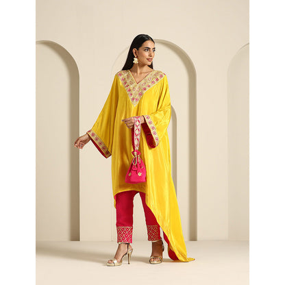WAZIR C Gul Yellow And Hot Pink Kaftan with Pant (Set of 2)