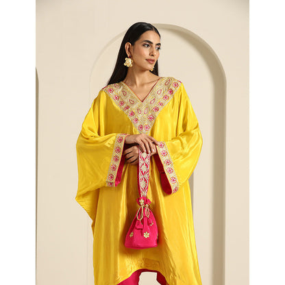 WAZIR C Gul Yellow And Hot Pink Kaftan with Pant (Set of 2)