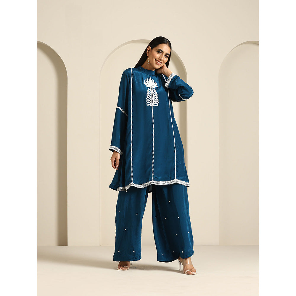 WAZIR C Gul Teal Blue Crepe Co Ord (Set of 2)