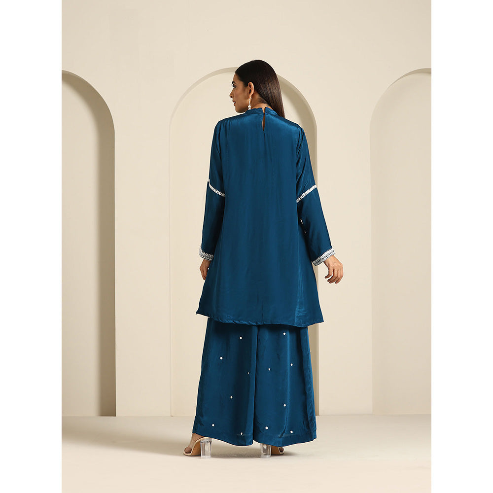 WAZIR C Gul Teal Blue Crepe Co Ord (Set of 2)