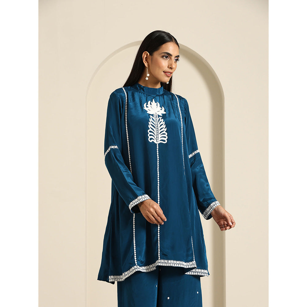 WAZIR C Gul Teal Blue Crepe Co Ord (Set of 2)