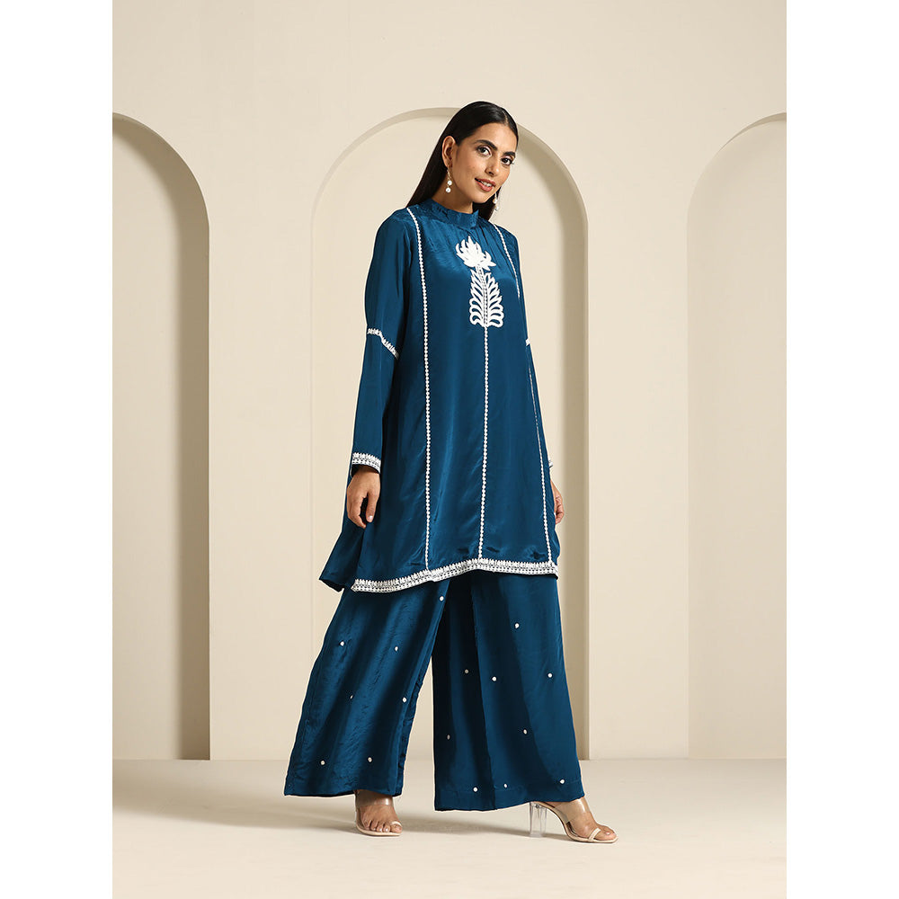 WAZIR C Gul Teal Blue Crepe Co Ord (Set of 2)