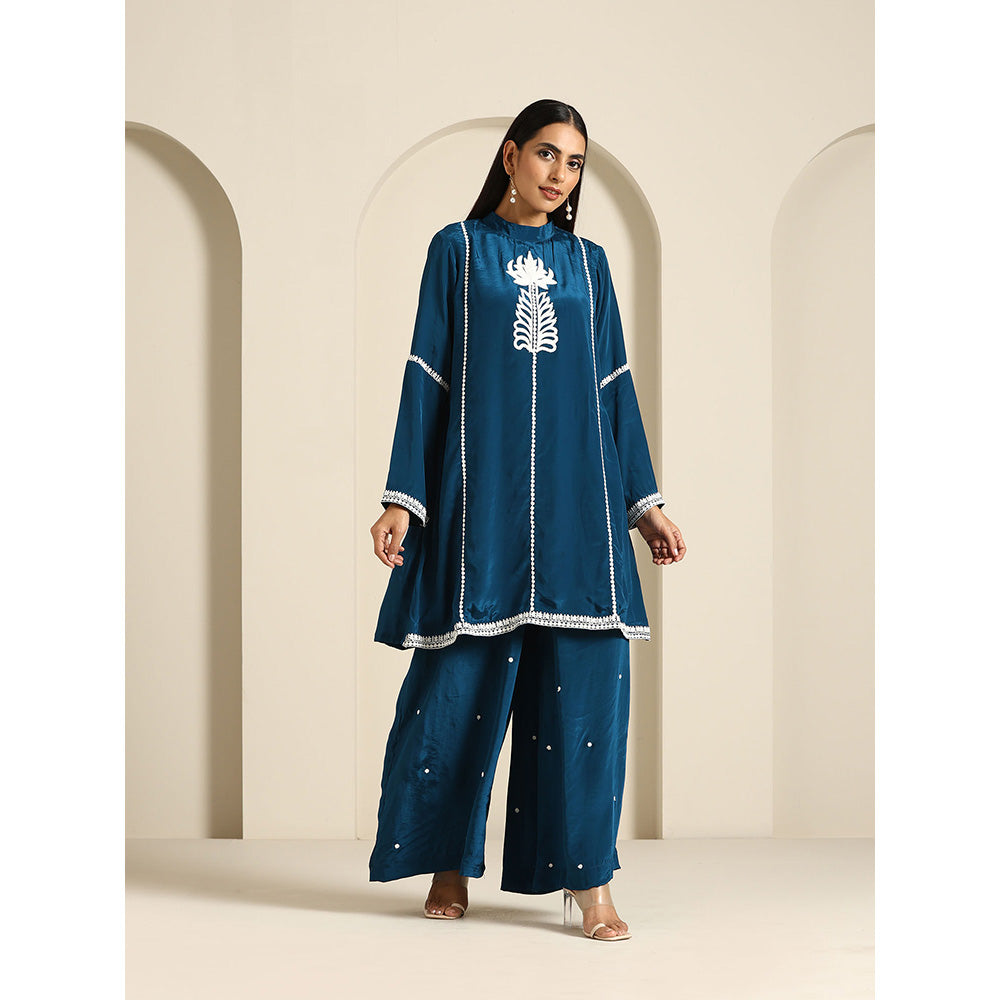 WAZIR C Gul Teal Blue Crepe Co Ord (Set of 2)