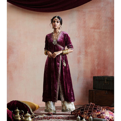 WeaverStory Wine Hand Embroidered Angarkha with Beige Farshi (Set of 2)