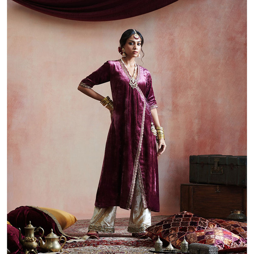 WeaverStory Wine Hand Embroidered Angarkha with Beige Farshi (Set of 2)