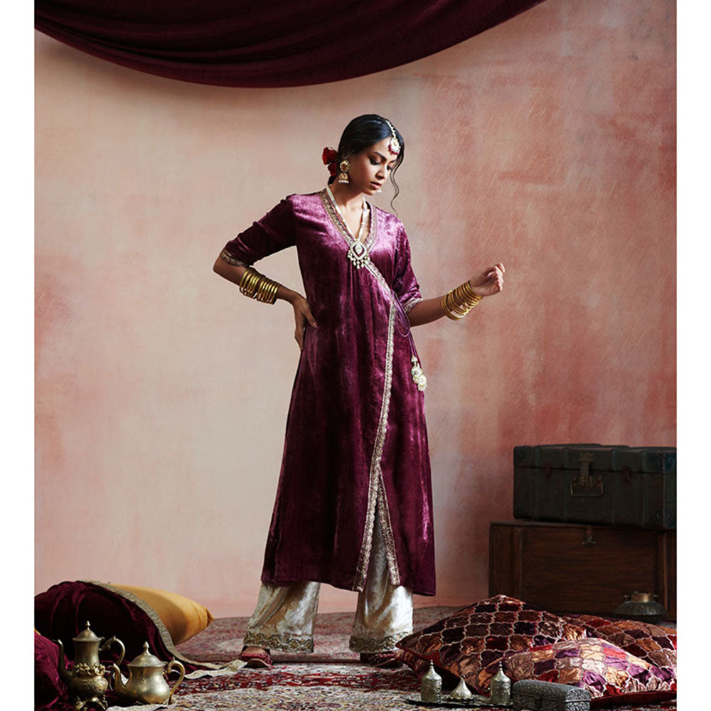 WeaverStory Wine Hand Embroidered Angarkha with Beige Farshi (Set of 2)